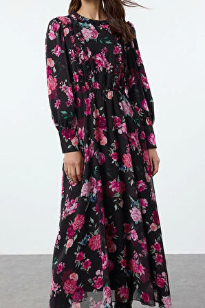 Kadın Moda Şık Tesettür Uzun Bisiklet Yaka Regular Çiçek Desenli Fırfırlı Dokuma Elbise