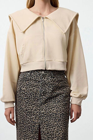 Kadın Moda Şık Crop Polo Yaka Düşük Kol Crop Normal Kalıp Fermuarlı Yaka Detaylı Örme Sweatshirt