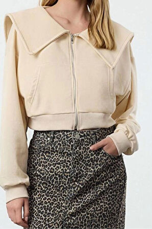 Kadın Moda Şık Crop Polo Yaka Düşük Kol Crop Normal Kalıp Fermuarlı Yaka Detaylı Örme Sweatshirt