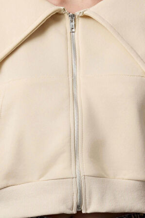 Kadın Moda Şık Crop Polo Yaka Düşük Kol Crop Normal Kalıp Fermuarlı Yaka Detaylı Örme Sweatshirt