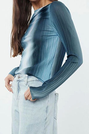 Kadın Moda Şık Üst Giyim Regular Kayık Yaka Slim Kalıp Örme Normal Kalıp Baskılı Pilise Esnek Bluz