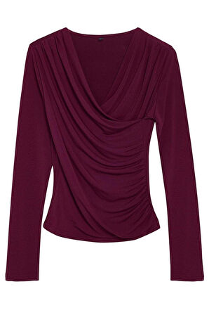 Kadın Regular Kruvaze Yaka Slim Kalıp Örme Büzgü Drape Detaylı Fitted Vücuda Oturan Kollu Esnek Bluz