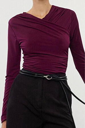 Kadın Regular Kruvaze Yaka Slim Kalıp Örme Büzgü Drape Detaylı Fitted Vücuda Oturan Kollu Esnek Bluz