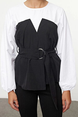 Kadın Moda Şık Üst Giyim Regular Bisiklet Yaka Balon Kol Slim Kalıp Dokuma lu Kemerli Bluz