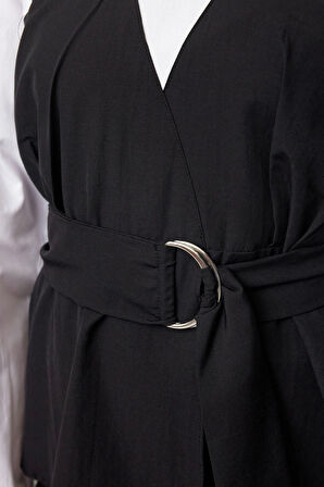 Kadın Moda Şık Üst Giyim Regular Bisiklet Yaka Balon Kol Slim Kalıp Dokuma lu Kemerli Bluz