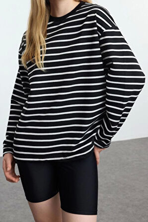 Kadın Moda Şık Oversize Bisiklet Yaka Düşük Kol Uzun Çizgili Geniş Kesim İnce Örme Sweatshirt