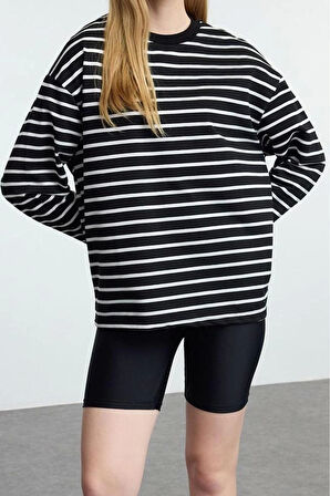 Kadın Moda Şık Oversize Bisiklet Yaka Düşük Kol Uzun Çizgili Geniş Kesim İnce Örme Sweatshirt