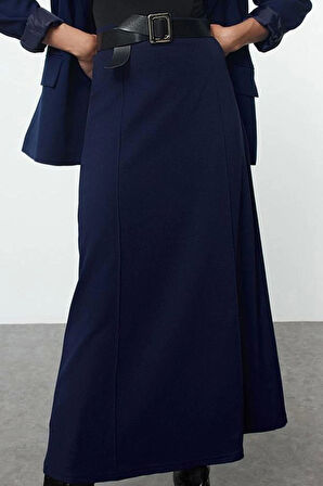 Kadın Moda Stil Midi Astarsız Dokuma Tesettür Kemer Detaylı Örme Etek