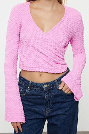 Kadın Moda Şık Üst Giyim Crop Kruvaze Yaka İspanyol Kol Regular Kalıp Örme Bluz