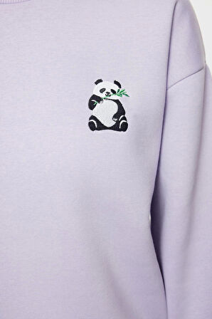 Kadın Bisiklet Yaka Standart Kol Animal Nakışlı Normal Kalıp Kalın İçi Polarlı Örme Sweatshirt