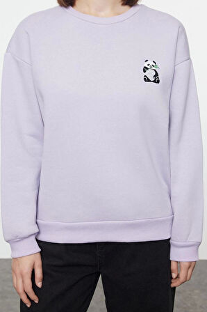 Kadın Bisiklet Yaka Standart Kol Animal Nakışlı Normal Kalıp Kalın İçi Polarlı Örme Sweatshirt