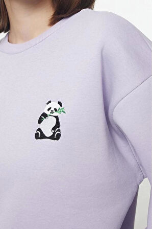 Kadın Bisiklet Yaka Standart Kol Animal Nakışlı Normal Kalıp Kalın İçi Polarlı Örme Sweatshirt