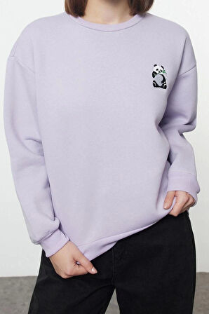 Kadın Bisiklet Yaka Standart Kol Animal Nakışlı Normal Kalıp Kalın İçi Polarlı Örme Sweatshirt