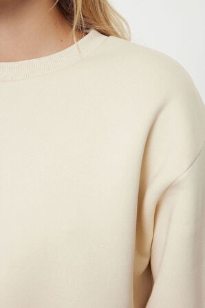 Kadın Regular Bisiklet Yaka Düşük Kol Regular Kalın İçi Polarlı Normal Kalıp Basic Örme Sweatshirt