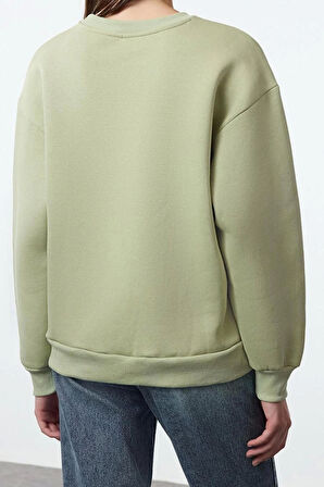 Kadın Regular Bisiklet Yaka Düşük Kol Regular Kalın İçi Polarlı Normal Kalıp Basic Örme Sweatshirt