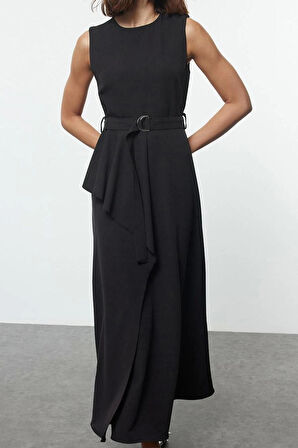 Kadın Moda Şık Tesettür Uzun Bisiklet Yaka Fitted Kemerli Önü Detaylı Kolsuz Dokuma Jile Elbise