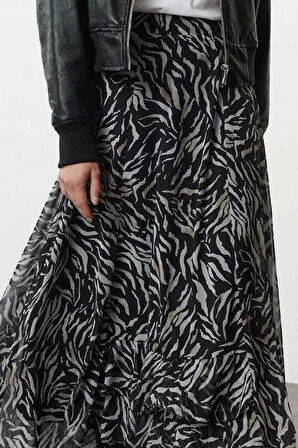 Kadın Moda Stil Midi Astarlı Dokuma Tesettür Fırfır Detaylı Dokuma Etek