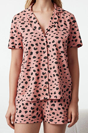 Kadın Moda Şık Gömlek Yaka Boru Paça Kısa Kol %100 Pamuklu Leopar Desenli Örme Pijama Takımı