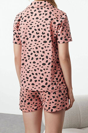 Kadın Moda Şık Gömlek Yaka Boru Paça Kısa Kol %100 Pamuklu Leopar Desenli Örme Pijama Takımı
