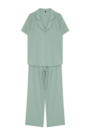 Kadın Pamuklu Gömlek Yaka Kısa Kol %100 Pamuk Dokuma Pijama Takımı