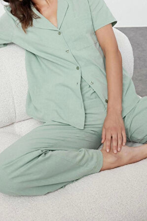 Kadın Pamuklu Gömlek Yaka Kısa Kol %100 Pamuk Dokuma Pijama Takımı