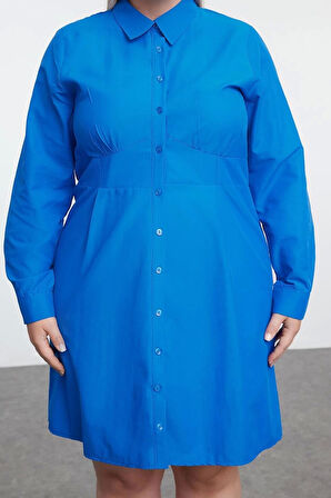 Kadın Moda Büyük Beden Mini Boy Bisiklet Yaka Fitted İç Göstermeyen Dokuma Büyük Beden Gömlek Elbise