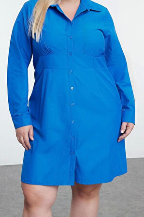 Kadın Moda Büyük Beden Mini Boy Bisiklet Yaka Fitted İç Göstermeyen Dokuma Büyük Beden Gömlek Elbise