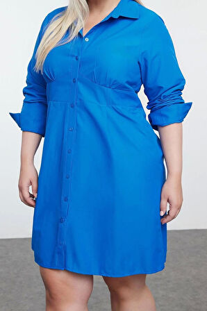 Kadın Moda Büyük Beden Mini Boy Bisiklet Yaka Fitted İç Göstermeyen Dokuma Büyük Beden Gömlek Elbise