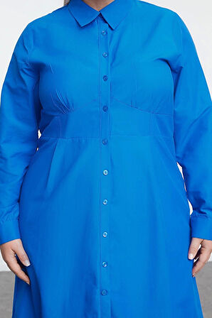 Kadın Moda Büyük Beden Mini Boy Bisiklet Yaka Fitted İç Göstermeyen Dokuma Büyük Beden Gömlek Elbise