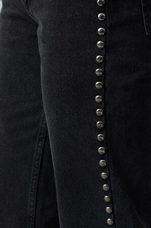 Kadın Moda Şık Kot Pantolon Geniş Paça Uzun Boy Denim Trok Detaylı Yüksek Bel Jeans