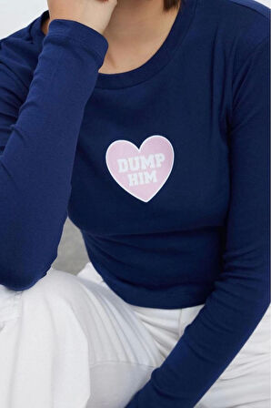 Kadın Moda Şık Crop Bisiklet Yaka Slim Kalıp Örme Slogan Baskılı Kısa Fitted Vücuda Oturan Bluz