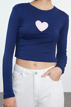 Kadın Moda Şık Crop Bisiklet Yaka Slim Kalıp Örme Slogan Baskılı Kısa Fitted Vücuda Oturan Bluz