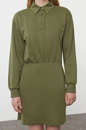 Kadın Moda Şık Mini Boy Polo Yaka Regular Düz Vücuda Oturan Örme Elbise