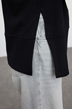 Kadın Moda Şık Bol Bisiklet Yaka Düşük Kol Uzun Geniş Kesim Yırtmaçlı Yumuşak Tuşeli Örme Sweatshirt