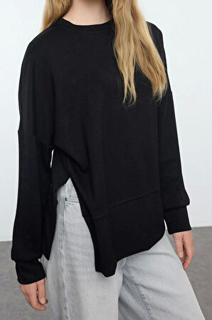 Kadın Moda Şık Bol Bisiklet Yaka Düşük Kol Uzun Geniş Kesim Yırtmaçlı Yumuşak Tuşeli Örme Sweatshirt