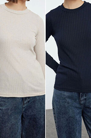 Kadın Moda Şık Üst Giyim Regular Bisiklet Yaka Slim Kalıp Örme 2li Paket Normal Kalıp Bluz