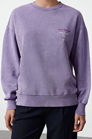 Kadın Moda Bol Bisiklet Yaka Düşük Kol Uzun Ön ve Sırt Baskılı Yıkamalı Geniş Kalıp Örme Sweatshirt