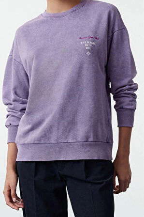 Kadın Moda Bol Bisiklet Yaka Düşük Kol Uzun Ön ve Sırt Baskılı Yıkamalı Geniş Kalıp Örme Sweatshirt