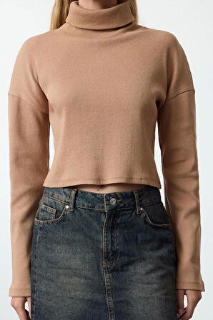 Kadın Moda Şık Üst Giyim Super Crop Dik Yaka Slim Kalıp Örme Fitted Vücuda Crop Esnek Bluz