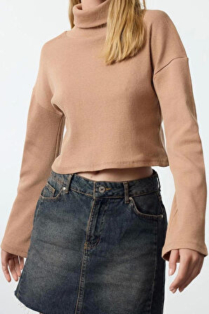 Kadın Moda Şık Üst Giyim Super Crop Dik Yaka Slim Kalıp Örme Fitted Vücuda Crop Esnek Bluz