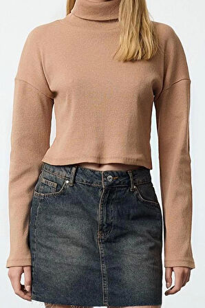 Kadın Moda Şık Üst Giyim Super Crop Dik Yaka Slim Kalıp Örme Fitted Vücuda Crop Esnek Bluz