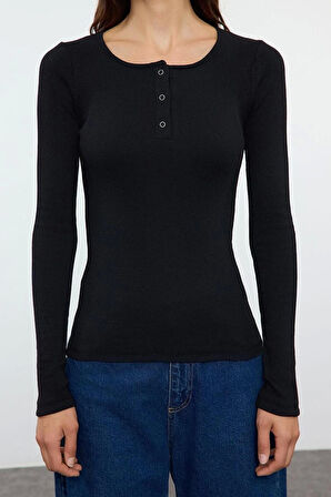 Kadın Moda Şık Regular Havuz Yaka Slim Kalıp Örme Çıtçıtlı Fitted Vücuda Oturan Fitilli Esnek Bluz