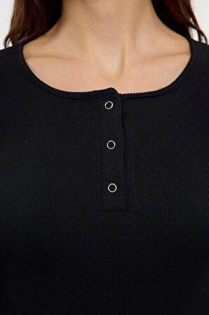 Kadın Moda Şık Regular Havuz Yaka Slim Kalıp Örme Çıtçıtlı Fitted Vücuda Oturan Fitilli Esnek Bluz