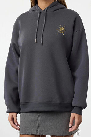 Kadın Moda Şık Bol Kapüşonlu Düşük Kol Uzun Kalın İçi Polarlı Baskılı Geniş Kalıp Örme Sweatshirt