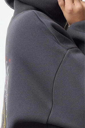 Kadın Moda Şık Bol Kapüşonlu Düşük Kol Uzun Kalın İçi Polarlı Baskılı Geniş Kalıp Örme Sweatshirt