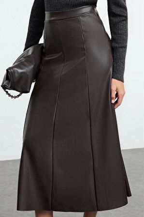 Kadın Moda Stil Maxi Astarsız Örme Suni Deri Yüksek Bel Maxi Etek