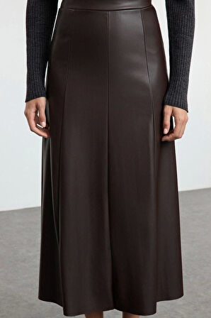 Kadın Moda Stil Maxi Astarsız Örme Suni Deri Yüksek Bel Maxi Etek