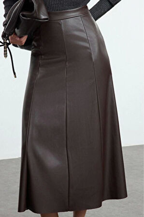 Kadın Moda Stil Maxi Astarsız Örme Suni Deri Yüksek Bel Maxi Etek