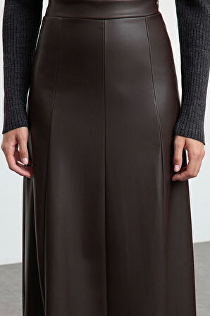 Kadın Moda Stil Maxi Astarsız Örme Suni Deri Yüksek Bel Maxi Etek