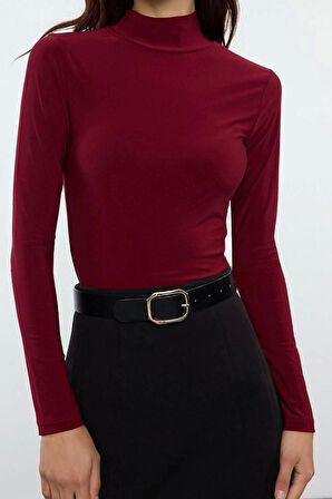 Kadın Moda Şık Regular Dik Yaka Slim Kalıp Örme Fitted Vücuda Oturan Kollu Fitilli Esnek Bluz